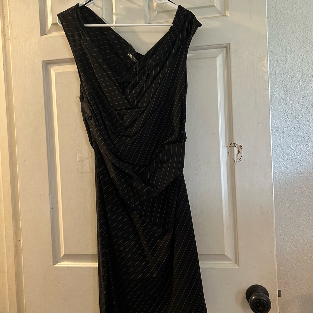 Zara Black Pinstripe One-Shoulder Draped Dress